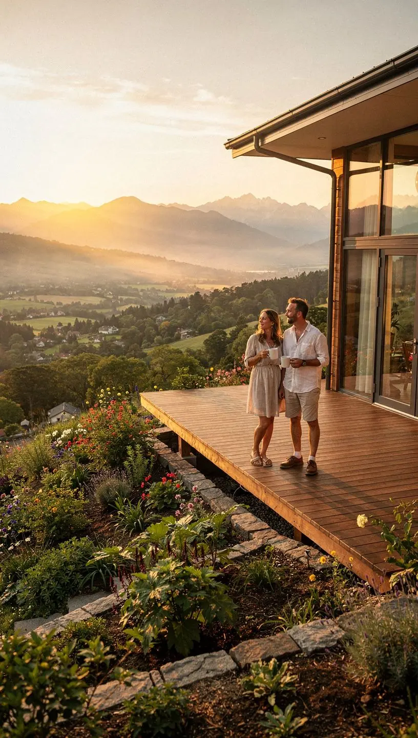 Вид на горный дом с террасы, открывающий живописные долины.