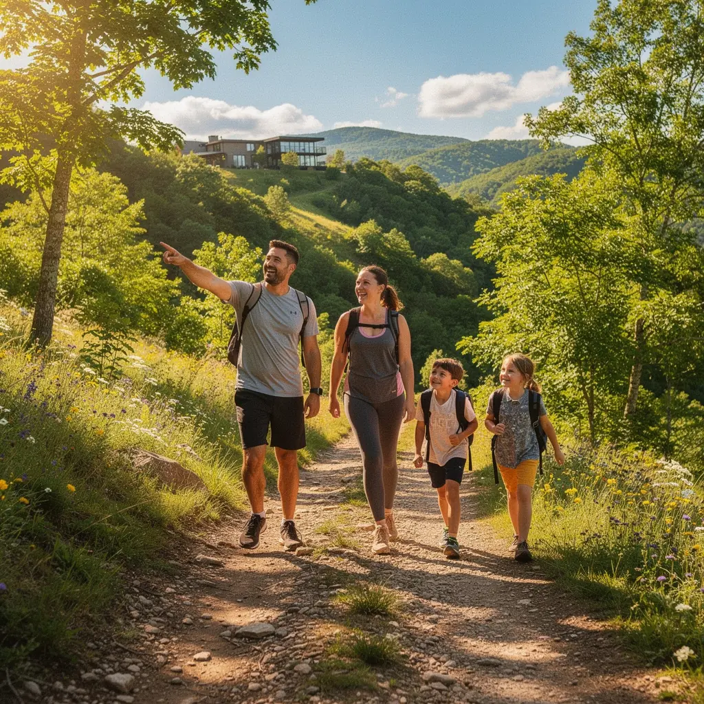 Вид на горный дом с террасы, окруженный зелеными холмами.