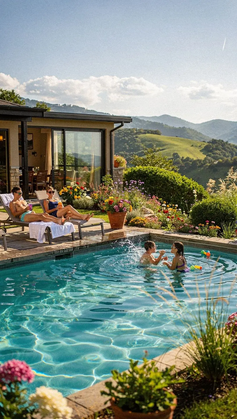 Вид на жилой дом на склоне холма с террасами и живописным видом на долину